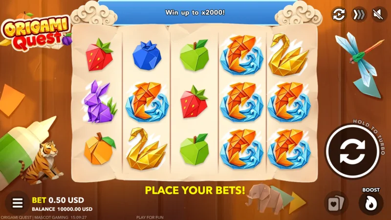 Origami Quest - spelskärm med insatspanel och Boost-knapp